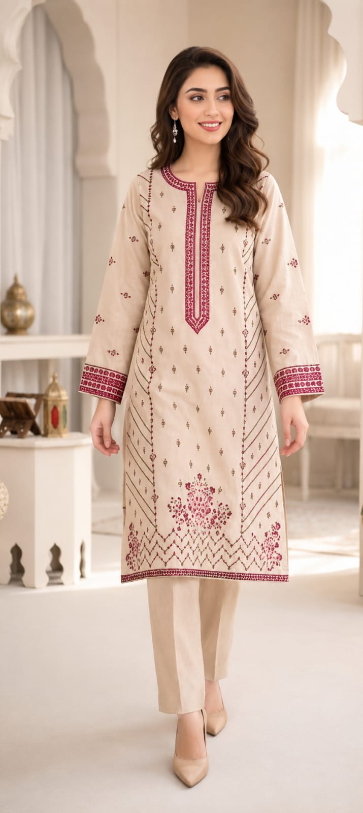 Shop the embroidered lawn 2-piece unstitched suit with heavy embroidered front and sleeves. Order now from IZ Pattern and Place.