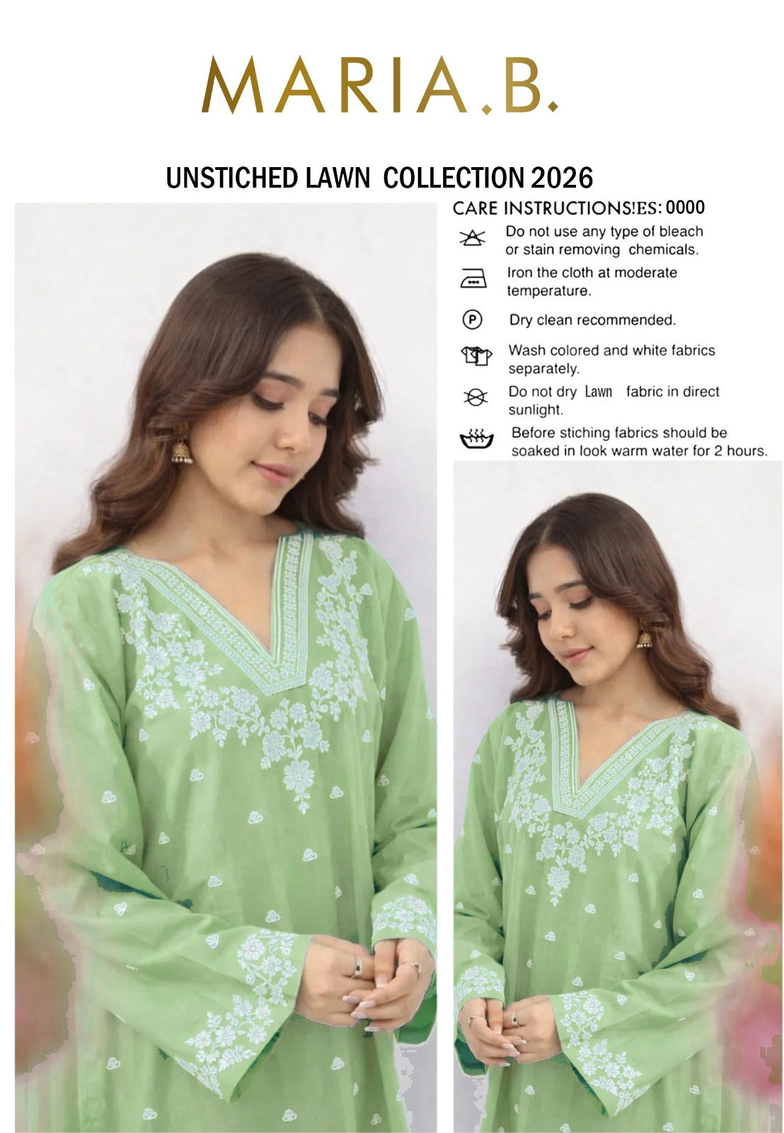 Shop the Maria B embroidered lawn 2-piece unstitched suit with embroidered front and sleeves. Order now from IZ Pattern and Place.