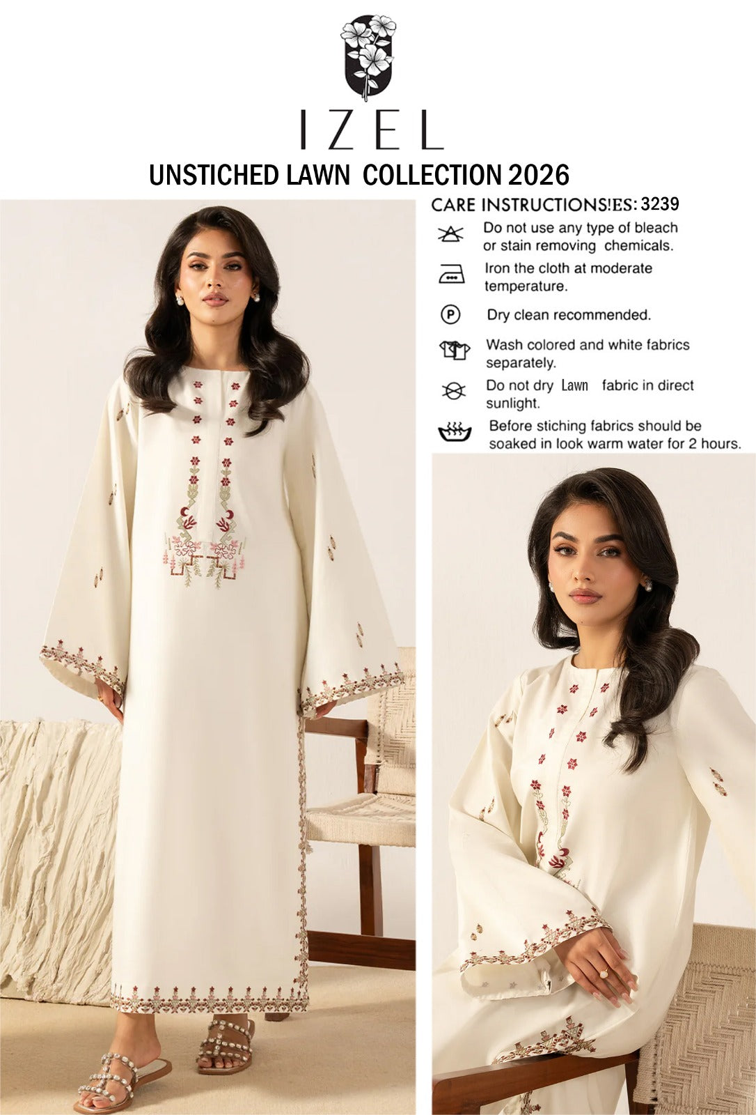 Shop the IZel premium embroidered lawn 2-piece unstitched suit with heavy embroidered front and sleeves. Order now from IZ Pattern and Place.