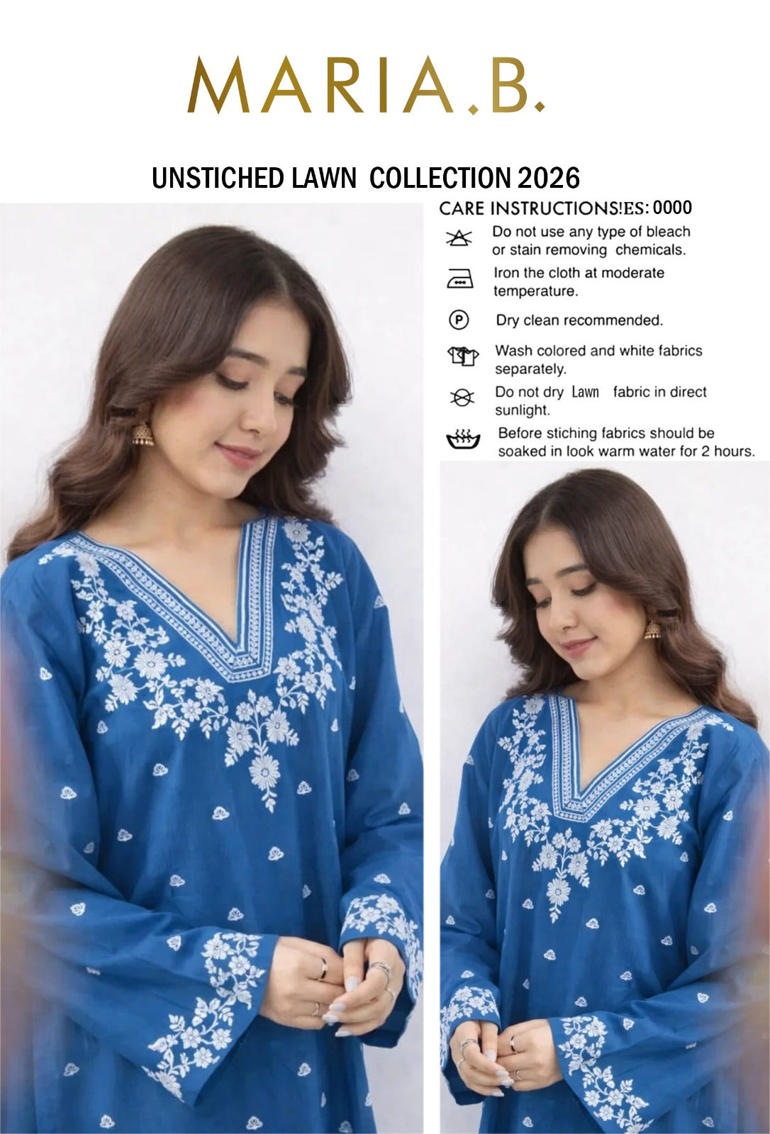 Shop the Maria B embroidered lawn 2-piece unstitched suit with embroidered front and sleeves. Order now from IZ Pattern and Place.