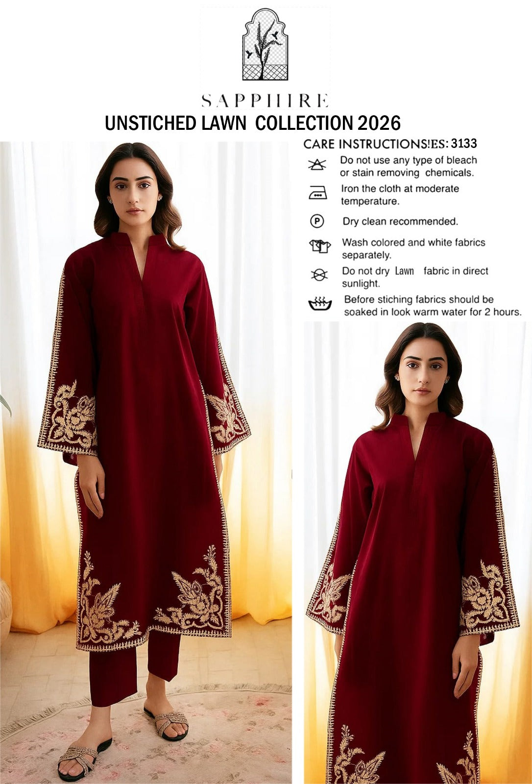 Shop the Sapphire Premium embroidered lawn 2-piece unstitched suit with heavy embroidered front and sleeves. Order now from IZ Pattern and Place.