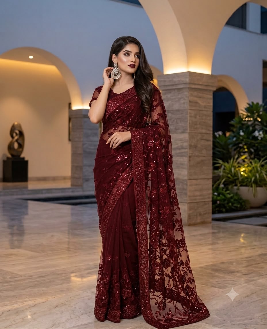 Shop the premium Jamawar saree with heavy net embroidered pallu in 6 beautiful colors. Perfect for parties and weddings. Order now from IZ Pattern and Place.