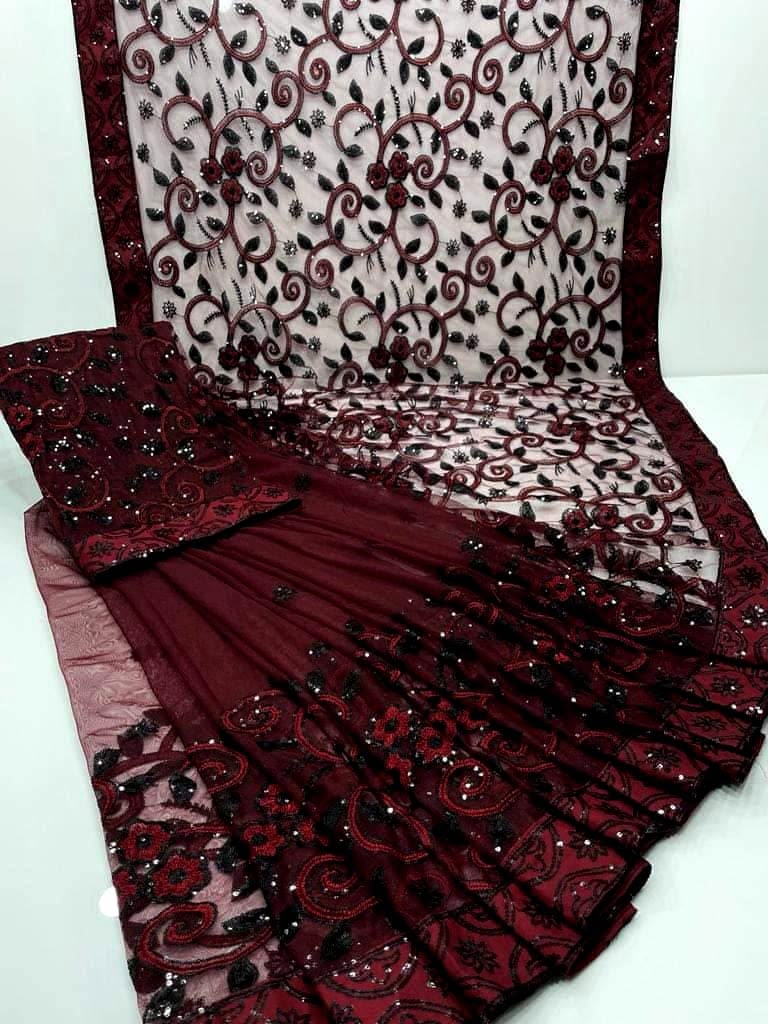 Shop the premium Jamawar saree with heavy net embroidered pallu in 6 beautiful colors. Perfect for parties and weddings. Order now from IZ Pattern and Place.