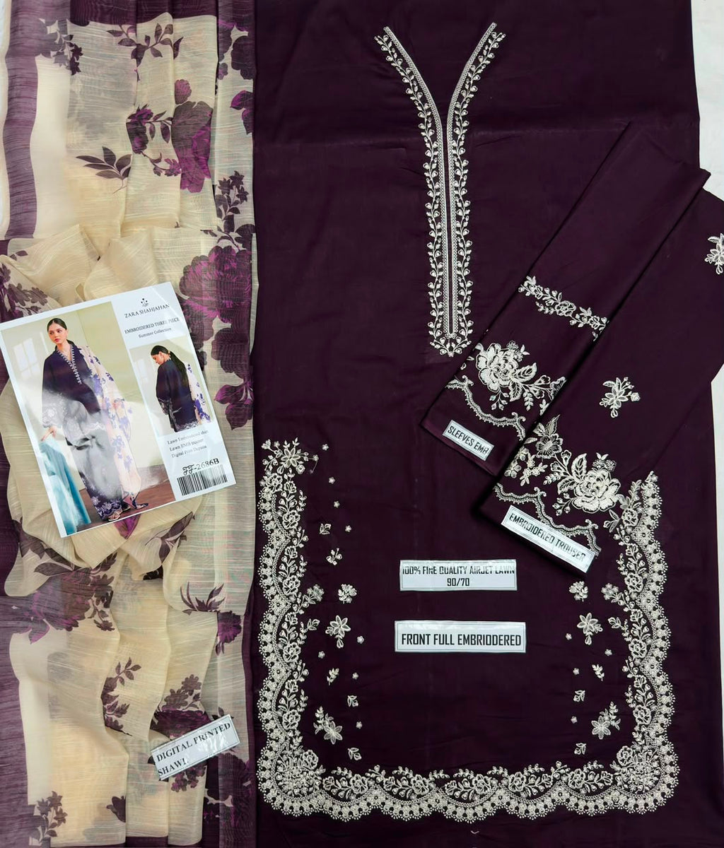 Shop the Zara Shahjahan 2686 luxury embroidered Airjet Lawn 3-piece unstitched suit with a soft digital printed Swiss voile dupatta. Order now from IZ Pattern and Place.