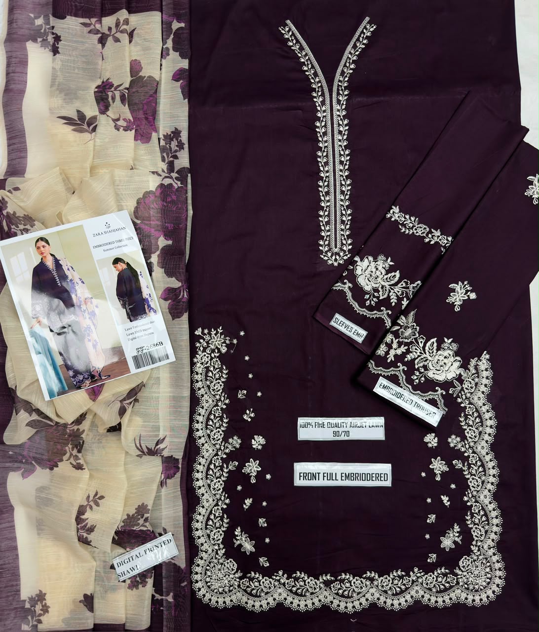 Shop the Zara Shahjahan 2686 luxury embroidered Airjet Lawn 3-piece unstitched suit with a soft digital printed Swiss voile dupatta. Order now from IZ Pattern and Place.