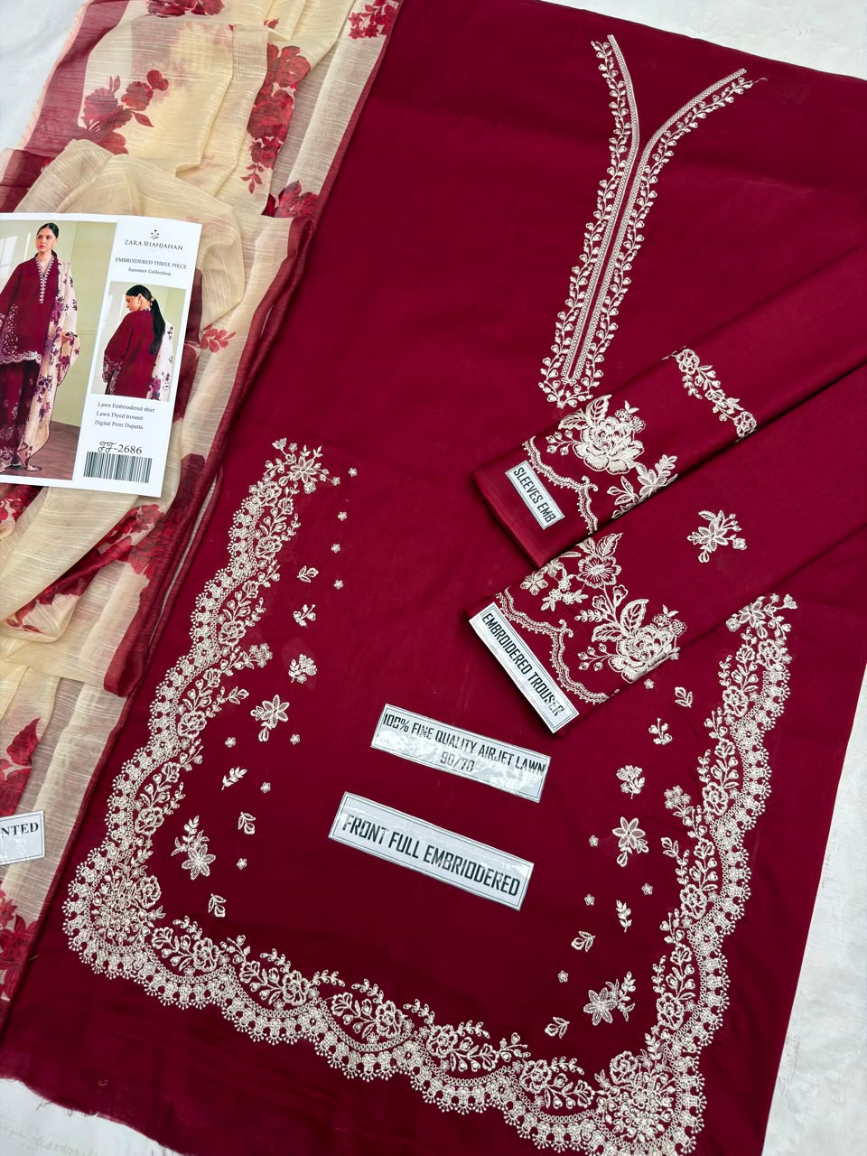 Shop the Zara Shahjahan 2686 luxury embroidered Airjet Lawn 3-piece unstitched suit with a soft digital printed Swiss voile dupatta. Order now from IZ Pattern and Place.