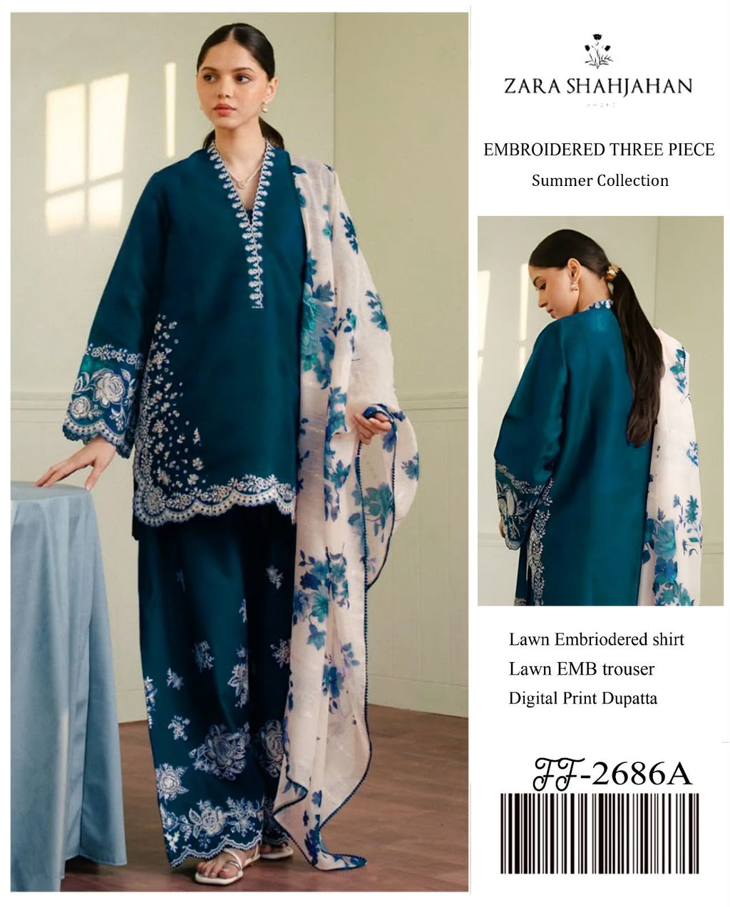 Shop the Zara Shahjahan 2686 luxury embroidered Airjet Lawn 3-piece unstitched suit with a soft digital printed Swiss voile dupatta. Order now from IZ Pattern and Place.