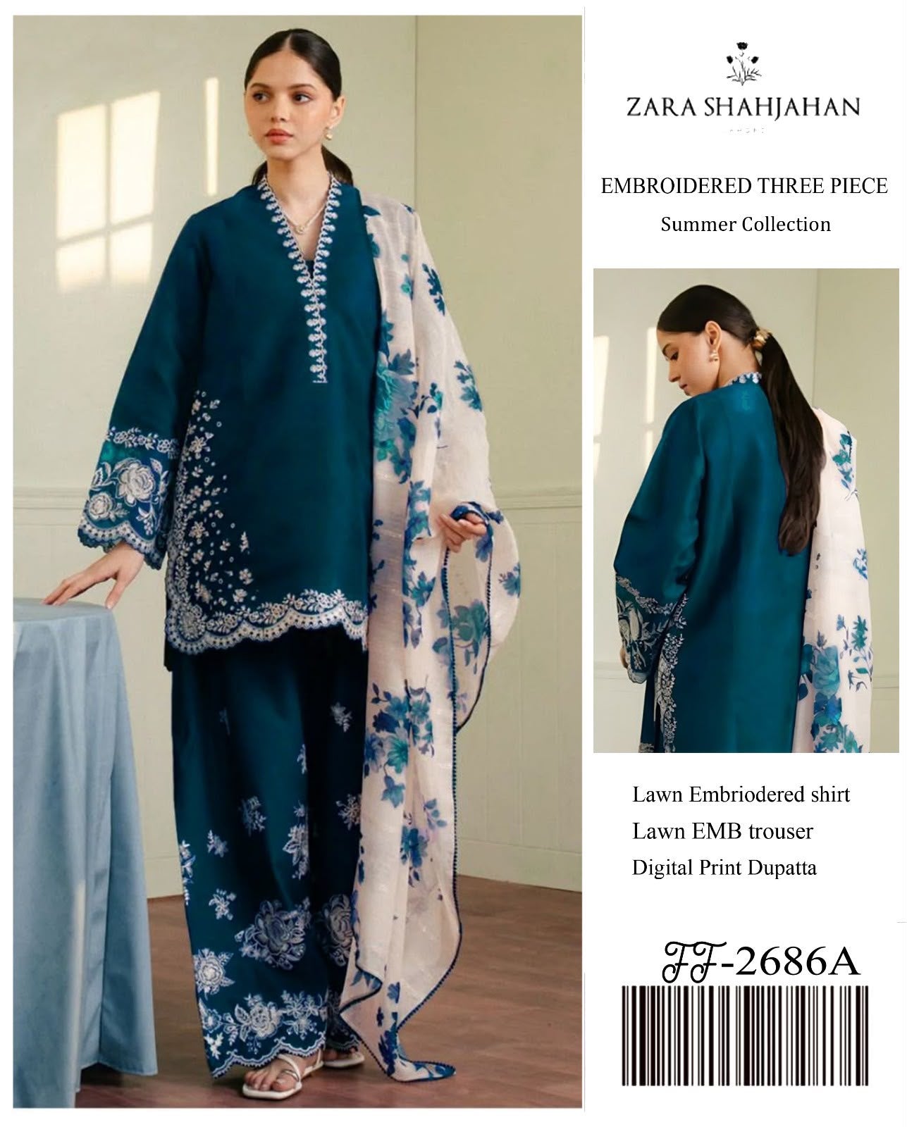 Shop the Zara Shahjahan 2686 luxury embroidered Airjet Lawn 3-piece unstitched suit with a soft digital printed Swiss voile dupatta. Order now from IZ Pattern and Place.