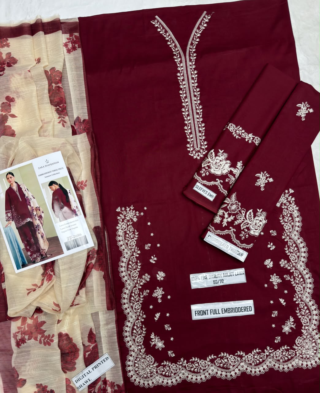 Shop the Zara Shahjahan 2686 luxury embroidered Airjet Lawn 3-piece unstitched suit with a soft digital printed Swiss voile dupatta. Order now from IZ Pattern and Place.