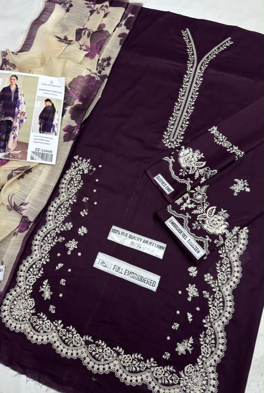 Shop the Zara Shahjahan 2686 luxury embroidered Airjet Lawn 3-piece unstitched suit with a soft digital printed Swiss voile dupatta. Order now from IZ Pattern and Place.
