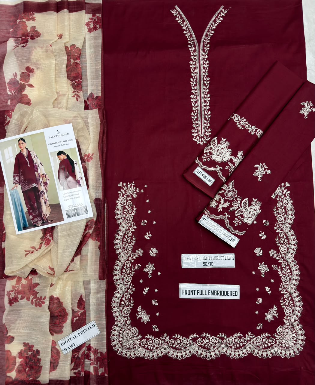 Shop the Zara Shahjahan 2686 luxury embroidered Airjet Lawn 3-piece unstitched suit with a soft digital printed Swiss voile dupatta. Order now from IZ Pattern and Place.