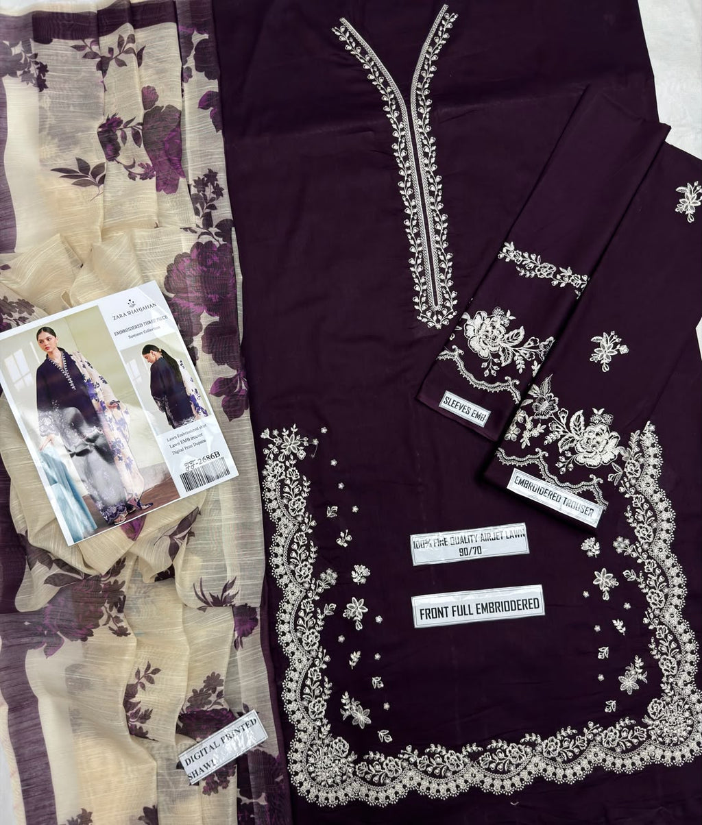 Shop the Zara Shahjahan 2686 luxury embroidered Airjet Lawn 3-piece unstitched suit with a soft digital printed Swiss voile dupatta. Order now from IZ Pattern and Place.