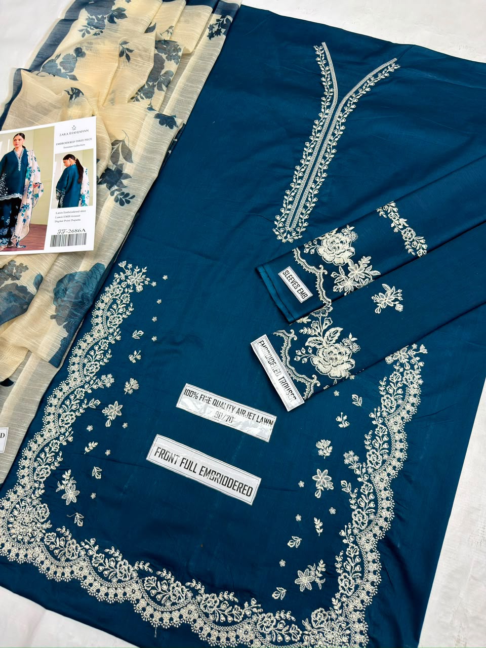 Shop the Zara Shahjahan 2686 luxury embroidered Airjet Lawn 3-piece unstitched suit with a soft digital printed Swiss voile dupatta. Order now from IZ Pattern and Place.