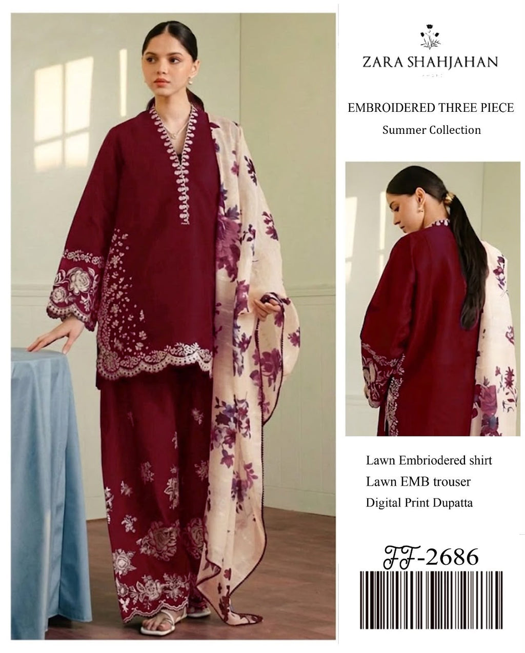 Shop the Zara Shahjahan 2686 luxury embroidered Airjet Lawn 3-piece unstitched suit with a soft digital printed Swiss voile dupatta. Order now from IZ Pattern and Place.