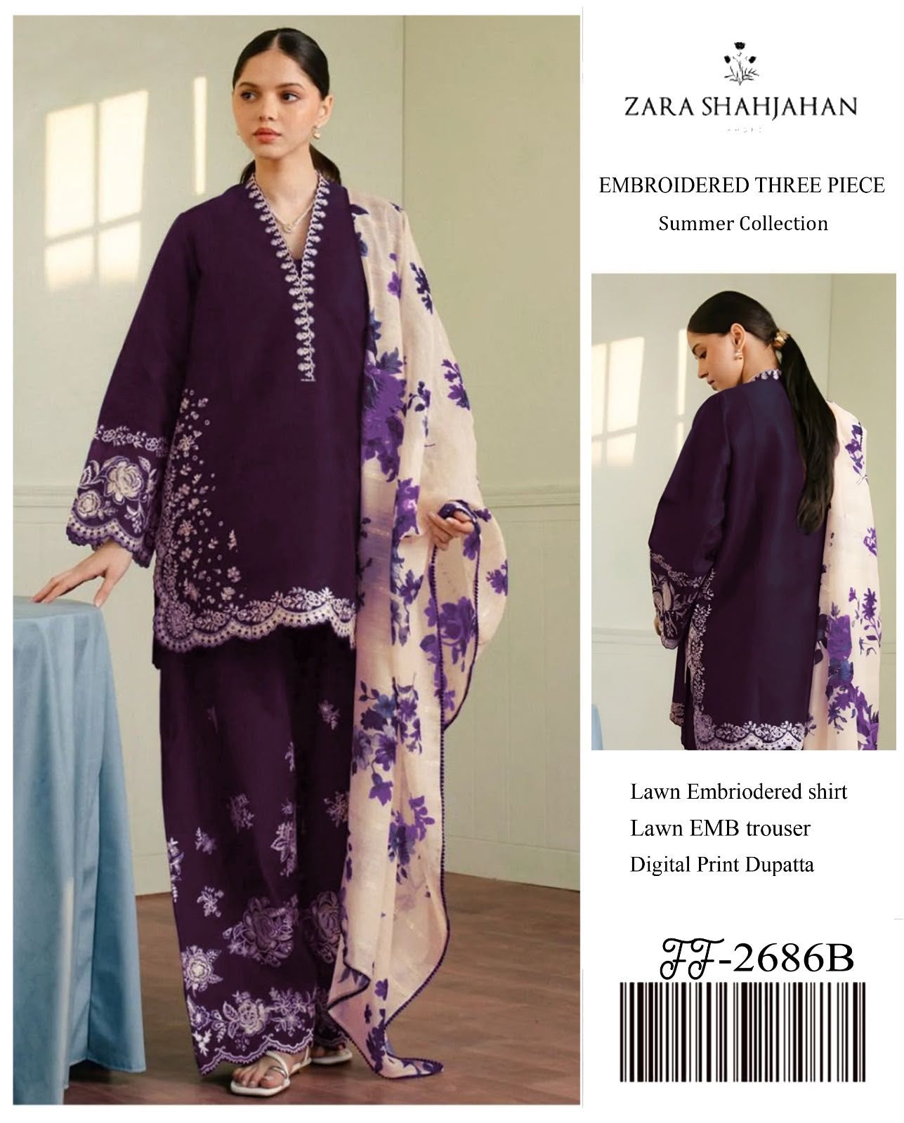 Shop the Zara Shahjahan 2686 luxury embroidered Airjet Lawn 3-piece unstitched suit with a soft digital printed Swiss voile dupatta. Order now from IZ Pattern and Place.