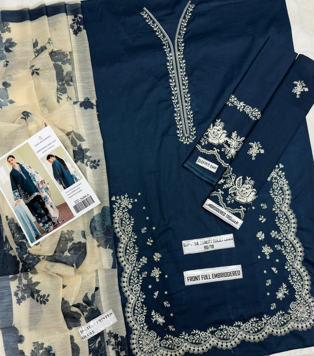 Shop the Zara Shahjahan 2686 luxury embroidered Airjet Lawn 3-piece unstitched suit with a soft digital printed Swiss voile dupatta. Order now from IZ Pattern and Place.