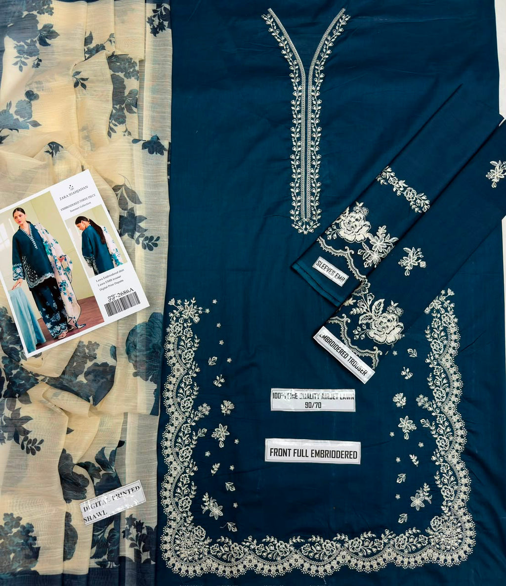 Shop the Zara Shahjahan 2686 luxury embroidered Airjet Lawn 3-piece unstitched suit with a soft digital printed Swiss voile dupatta. Order now from IZ Pattern and Place.