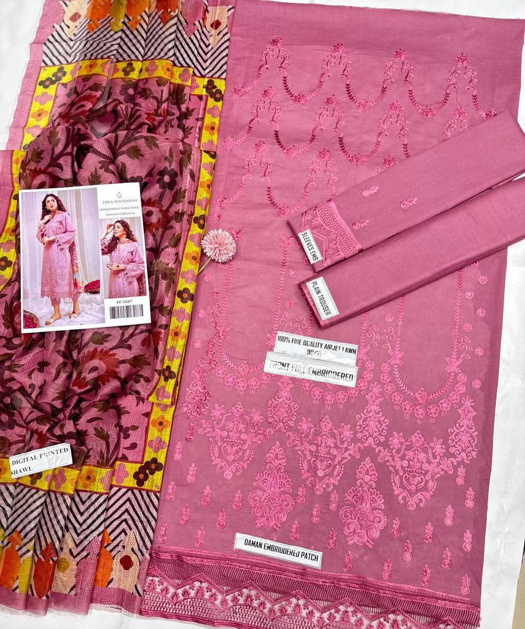 Shop the Zara Shahjahan luxury embroidered Airjet Lawn 3-piece unstitched suit with a soft digital printed Swiss voile dupatta. Order now from IZ Pattern and Place.