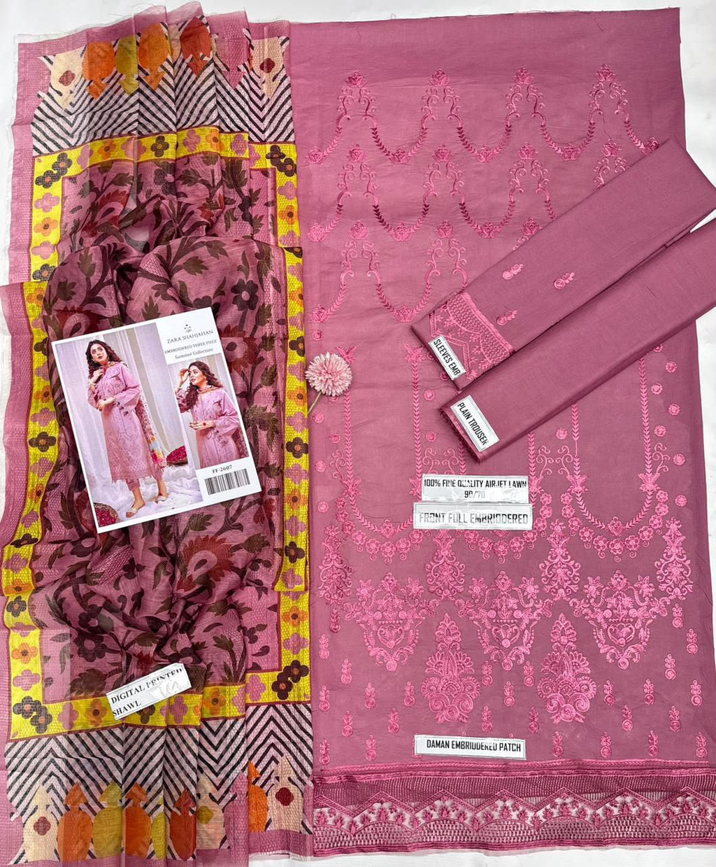 Shop the Zara Shahjahan luxury embroidered Airjet Lawn 3-piece unstitched suit with a soft digital printed Swiss voile dupatta. Order now from IZ Pattern and Place.