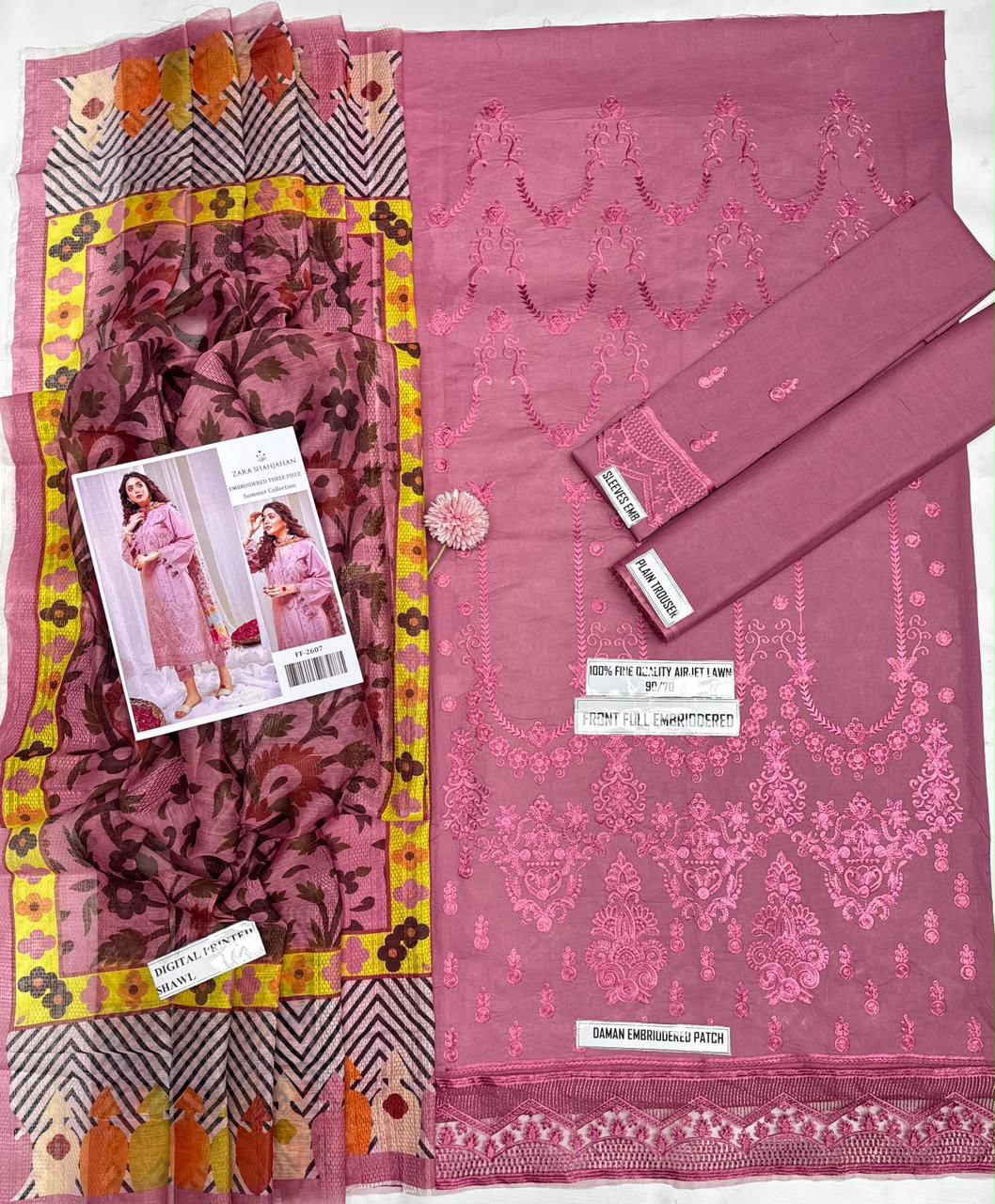 Shop the Zara Shahjahan luxury embroidered Airjet Lawn 3-piece unstitched suit with a soft digital printed Swiss voile dupatta. Order now from IZ Pattern and Place.