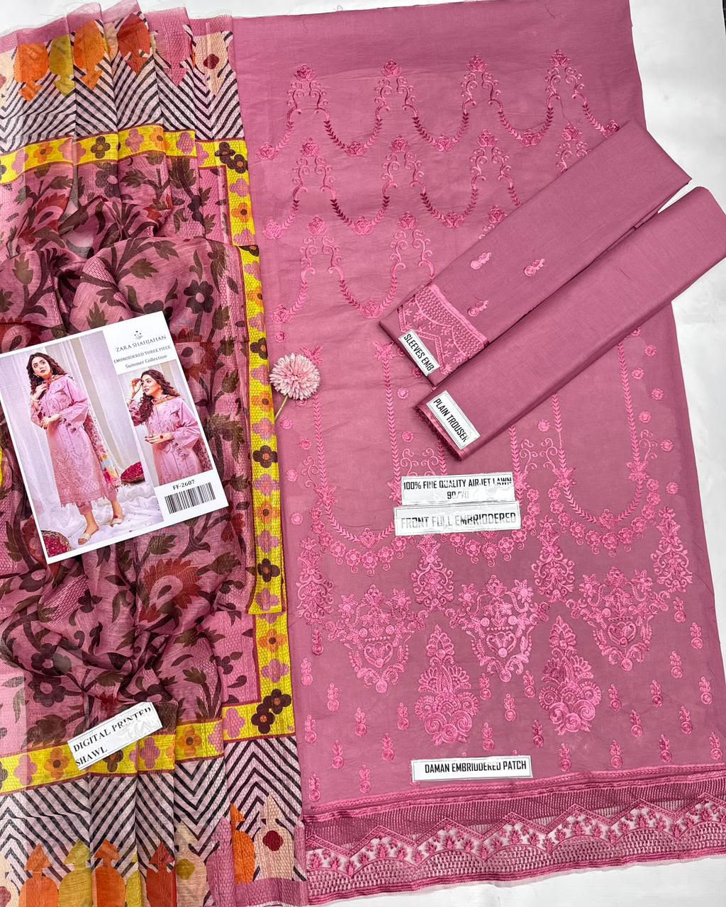 Shop the Zara Shahjahan luxury embroidered Airjet Lawn 3-piece unstitched suit with a soft digital printed Swiss voile dupatta. Order now from IZ Pattern and Place.
