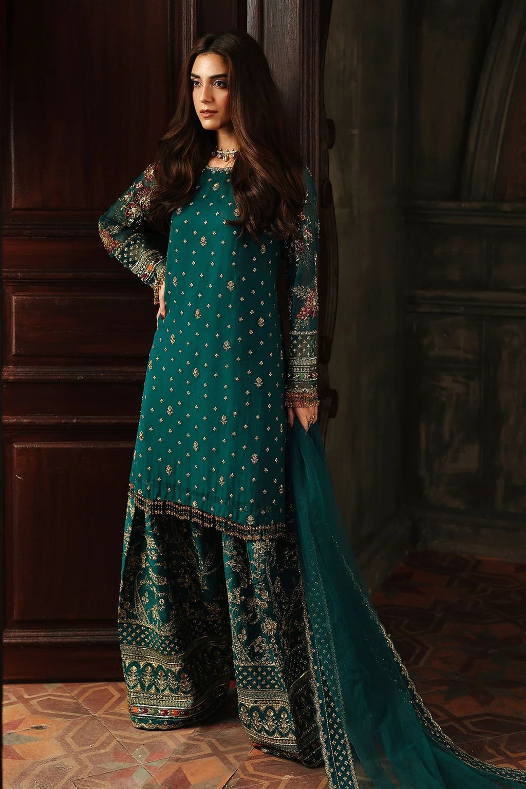 Shop the Charizma Royal Premium chiffon 3-piece unstitched suit with net dupatta, raw silk trouser, Adda work, and sequence embroidery. Order now from IZ Pattern and Place.
