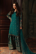Shop the Charizma Royal Premium chiffon 3-piece unstitched suit with net dupatta, raw silk trouser, Adda work, and sequence embroidery. Order now from IZ Pattern and Place.