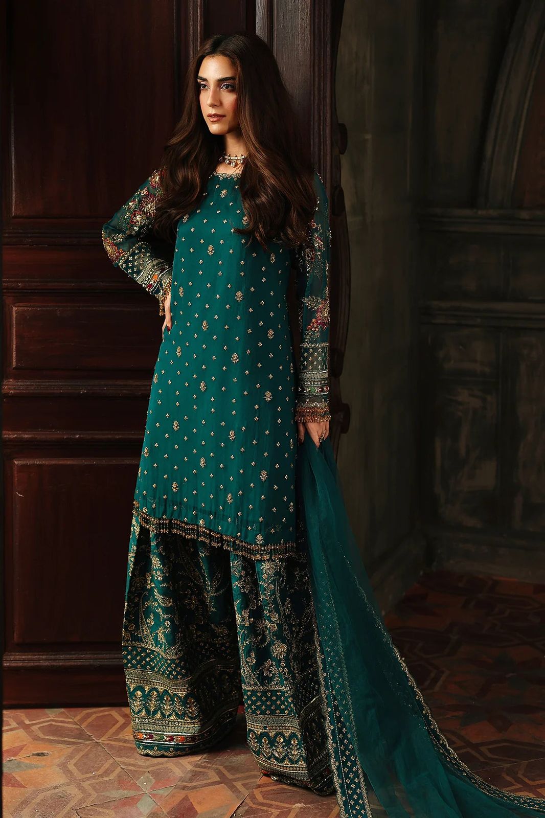 Shop the Charizma Royal Premium chiffon 3-piece unstitched suit with net dupatta, raw silk trouser, Adda work, and sequence embroidery. Order now from IZ Pattern and Place.