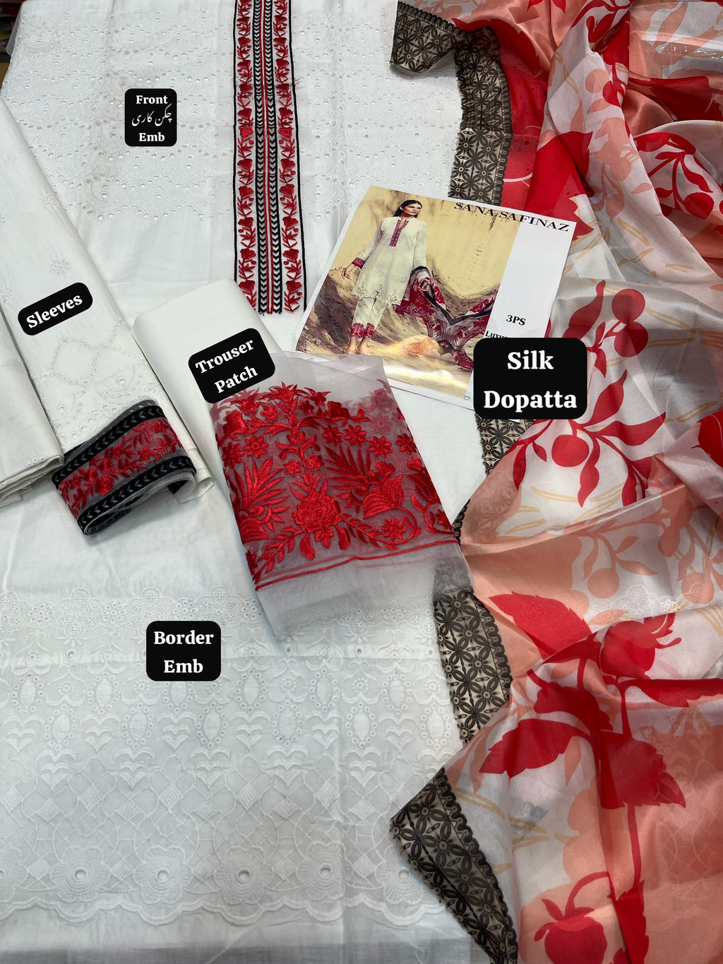 Shop the Sana Safinaz luxury lawn 3-piece unstitched suit with Chicken Kari embroidery and printed diamond silk dupatta. Order now from IZ Pattern and Place.