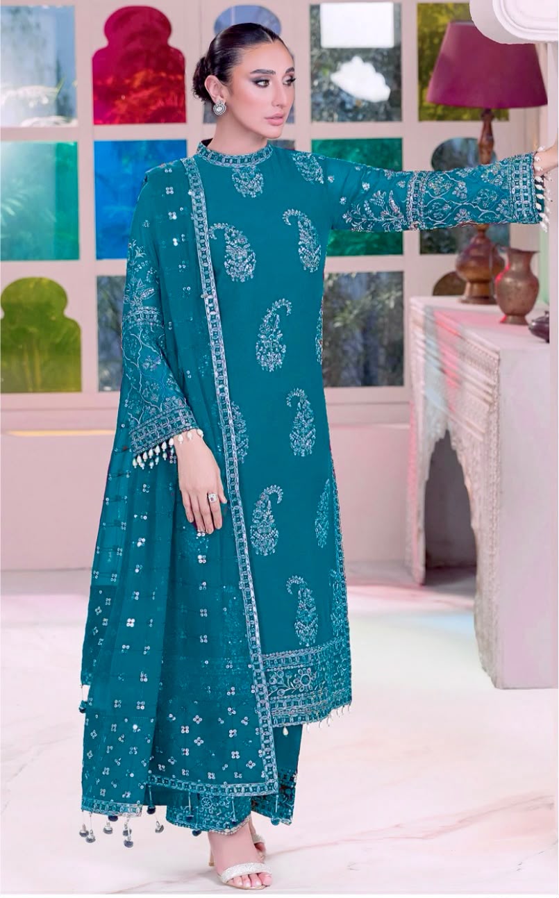 Shop the Asim Jofa luxury lawn 3-piece unstitched suit with embroidered front, sleeves, border, and embroidered chiffon dupatta. Order now from IZ Pattern and Place.