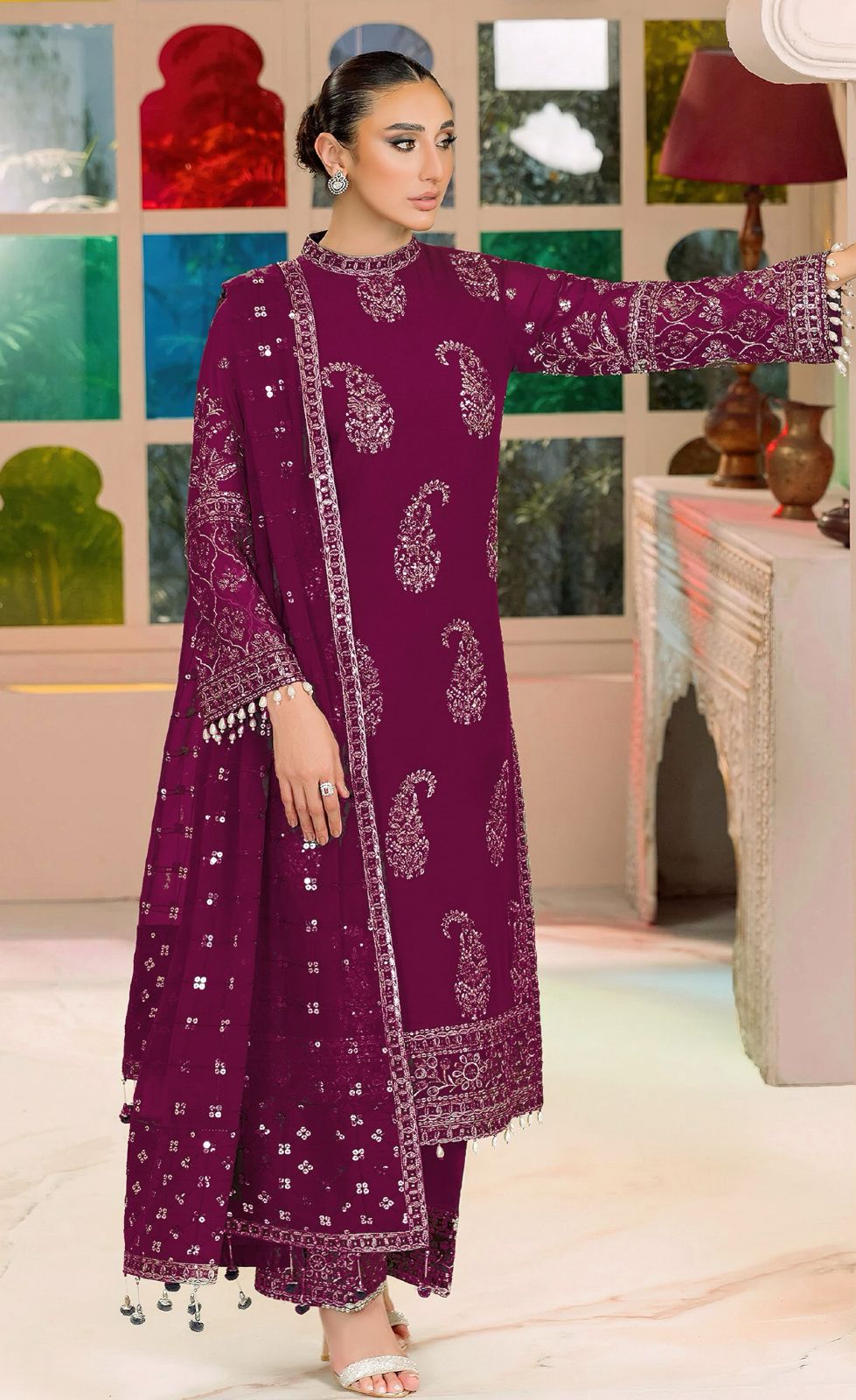 Shop the Asim Jofa luxury lawn 3-piece unstitched suit with embroidered front, sleeves, border, and embroidered chiffon dupatta. Order now from IZ Pattern and Place.