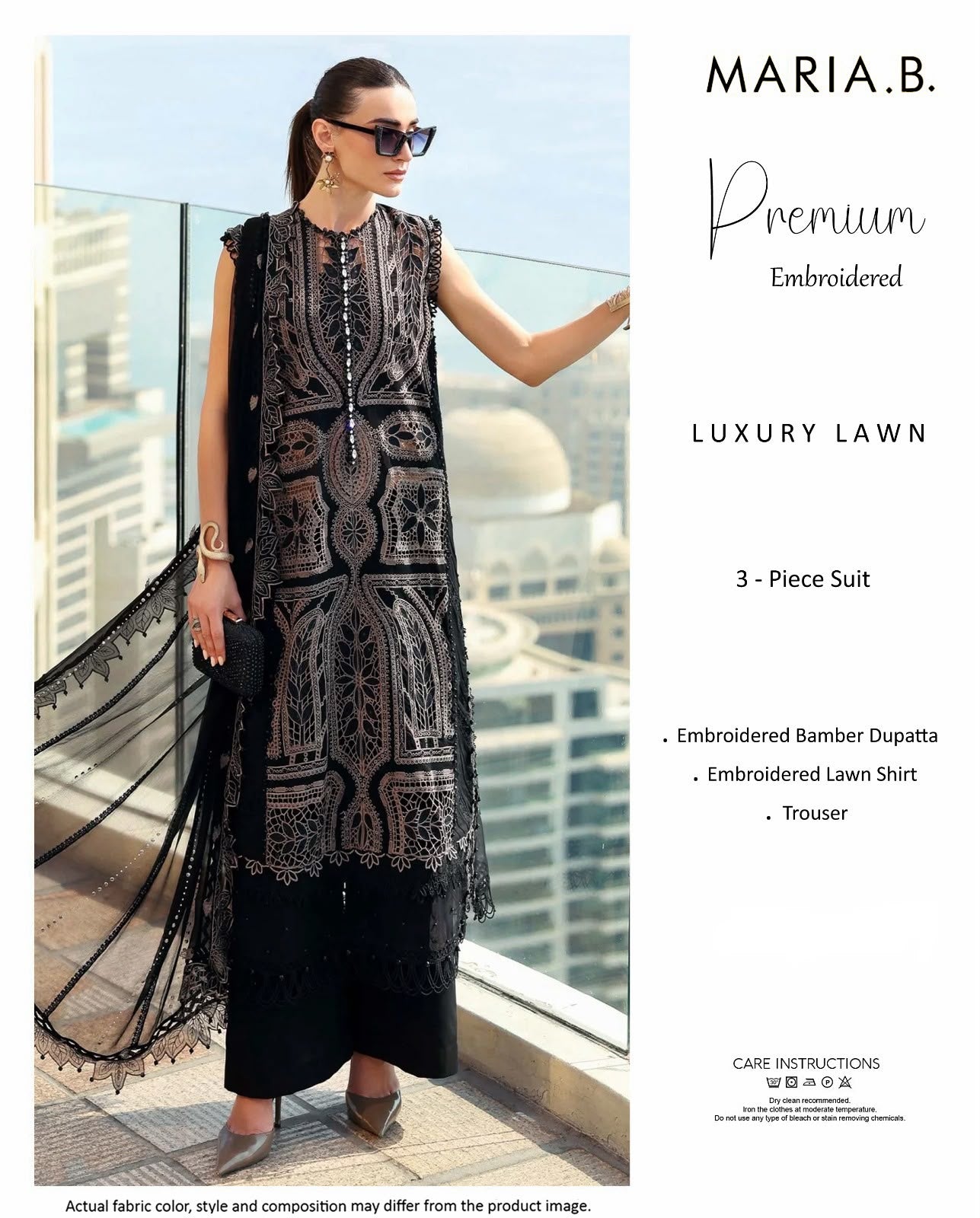 Shop the Maria. B luxury lawn 3-piece unstitched suit with embroidered front, sleeves, border, and embroidered chiffon dupatta. Order now from IZ Pattern and Place.