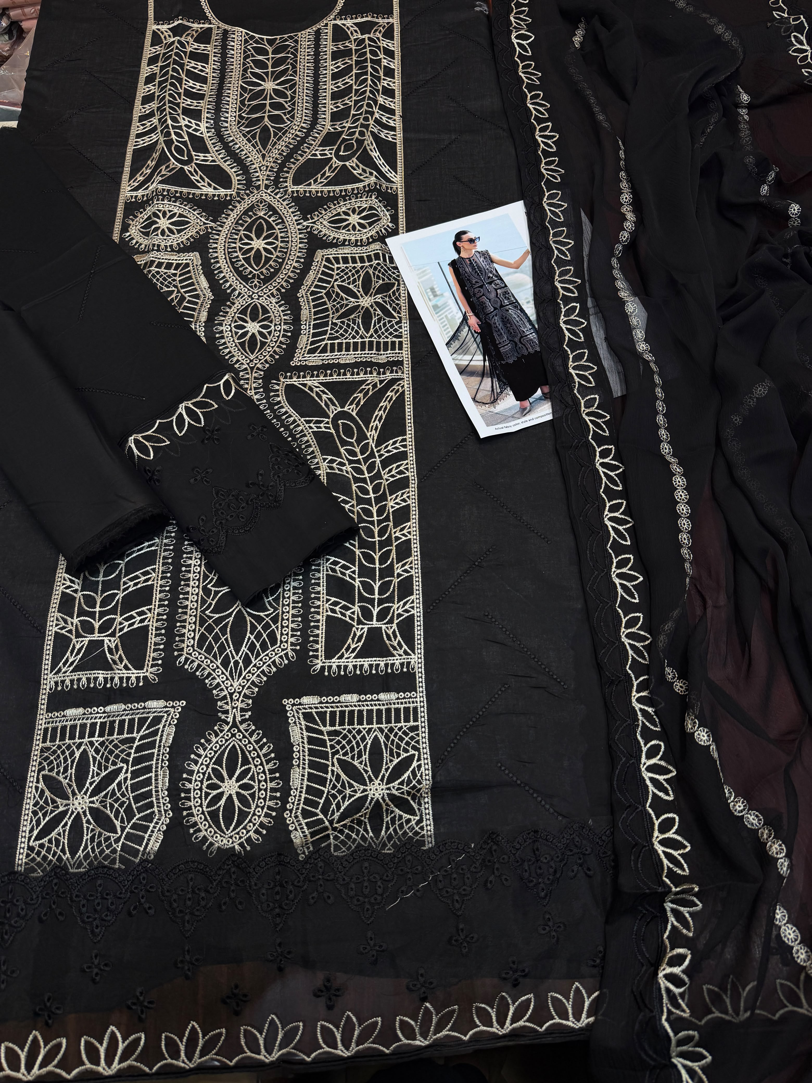 Shop the Maria. B luxury lawn 3-piece unstitched suit with embroidered front, sleeves, border, and embroidered chiffon dupatta. Order now from IZ Pattern and Place.