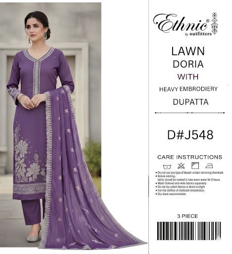 Shop the Ethnic Summer Collection 2026 Lawn Doria 3-piece unstitched suit with heavy embroidery and a ready-to-wear Bamber chiffon cutwork dupatta. Order now from IZ Pattern and Place.