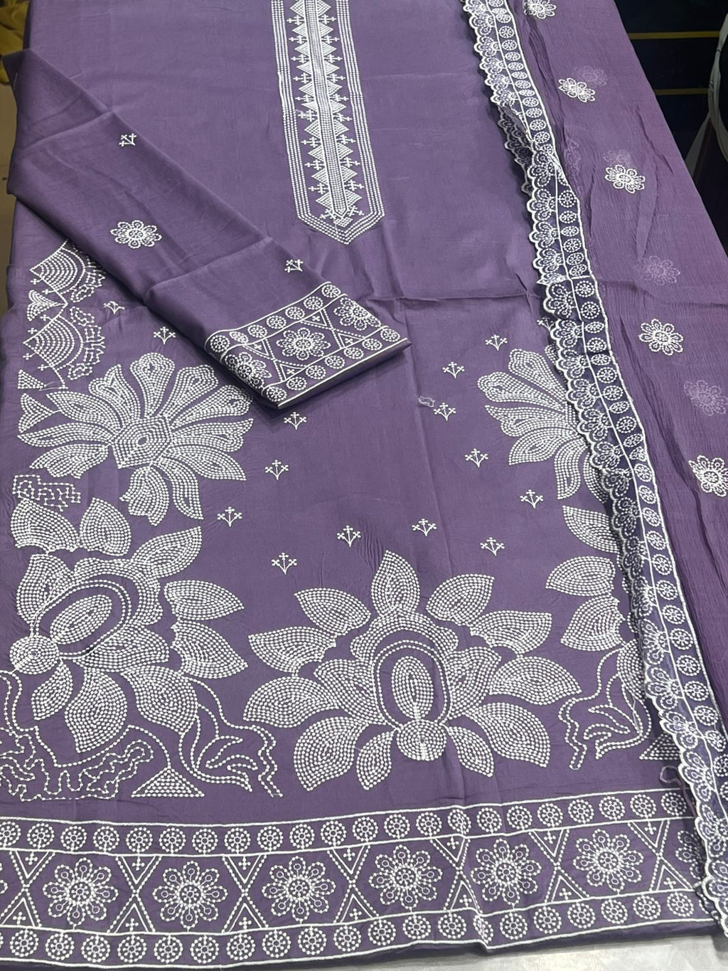 Shop the Ethnic Summer Collection 2026 Lawn Doria 3-piece unstitched suit with heavy embroidery and a ready-to-wear Bamber chiffon cutwork dupatta. Order now from IZ Pattern and Place.