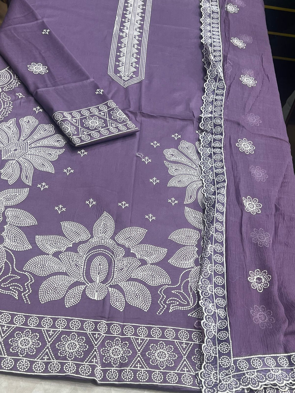 Shop the Ethnic Summer Collection 2026 Lawn Doria 3-piece unstitched suit with heavy embroidery and a ready-to-wear Bamber chiffon cutwork dupatta. Order now from IZ Pattern and Place.