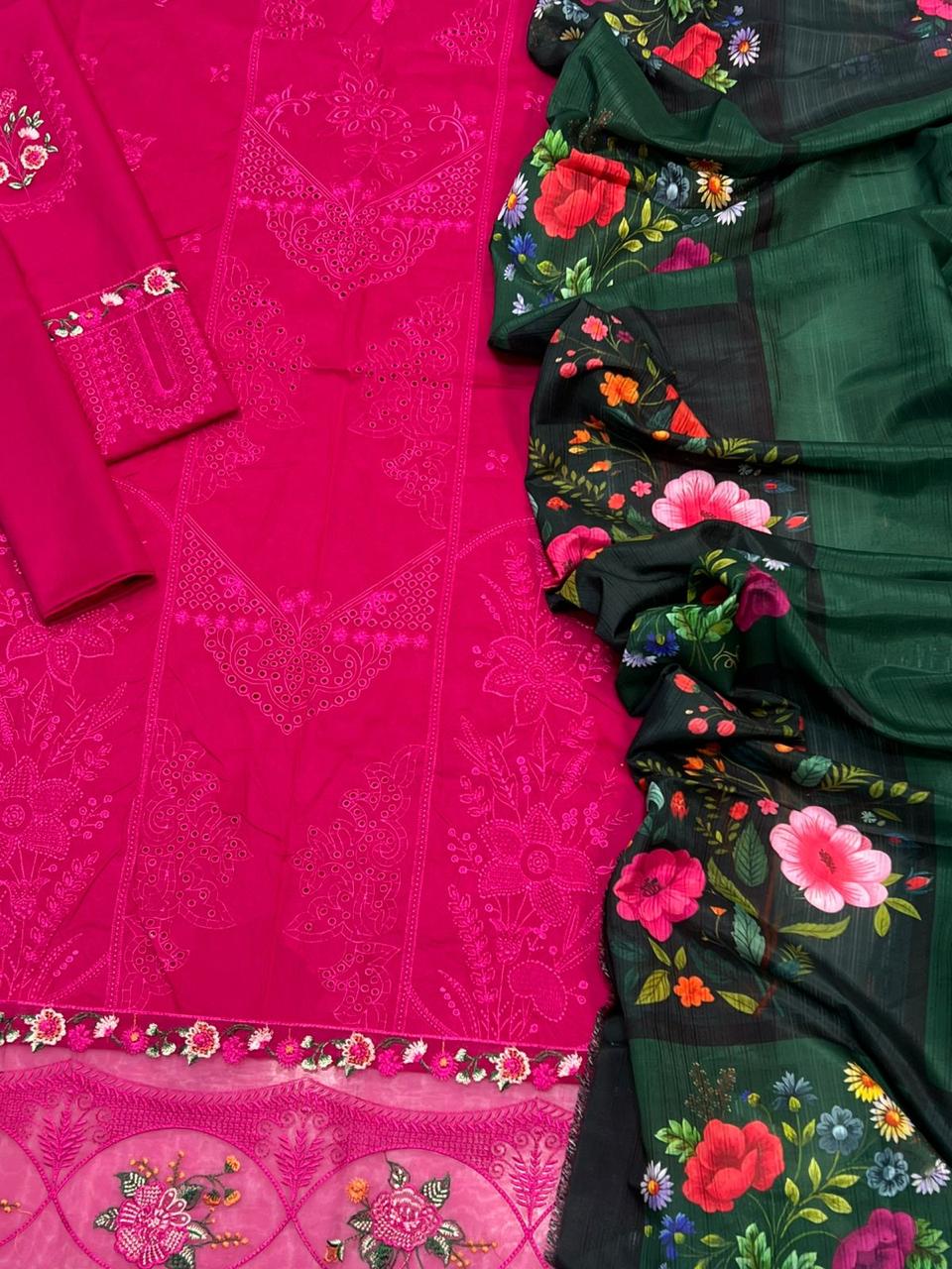 Shop the Saira Rizwan Summer Collection 2026 lawn 3-piece suit with heavy embroidery, HD printed lawn dupatta, and premium export quality fabric. Order now from IZ Pattern and Place.