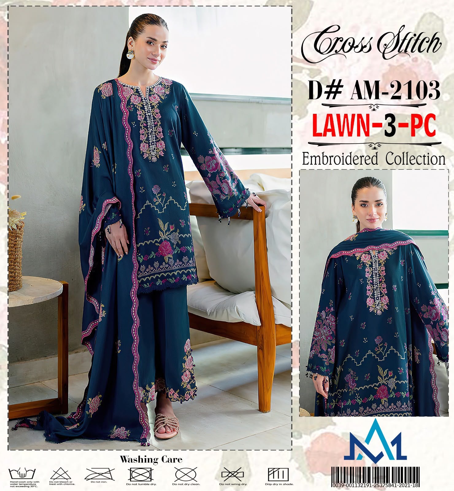 Shop the Cross Stitch Summer Collection 2026 lawn 3-piece suit with heavy embroidery and a ready-to-wear Bamber chiffon cutwork dupatta. Order now from IZ Pattern and Place.