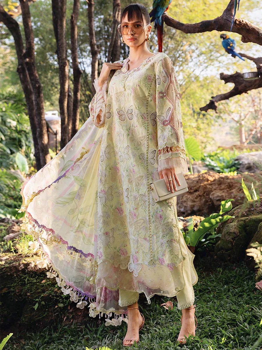 Shop the Maria B luxury lawn 3-piece unstitched suit with Chicken Kari embroidered front, ready-to-wear embroidered chiffon dupatta, and premium lawn fabric. Order now from IZ Pattern and Place.
