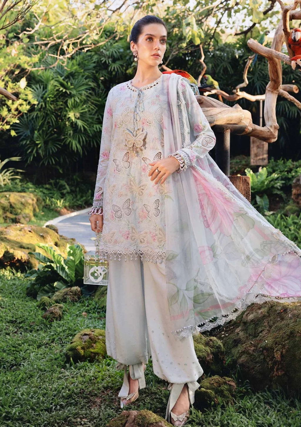 Shop the Maria B luxury lawn 3-piece unstitched suit with Chicken Kari embroidered front, ready-to-wear embroidered chiffon dupatta, and premium lawn fabric. Order now from IZ Pattern and Place.