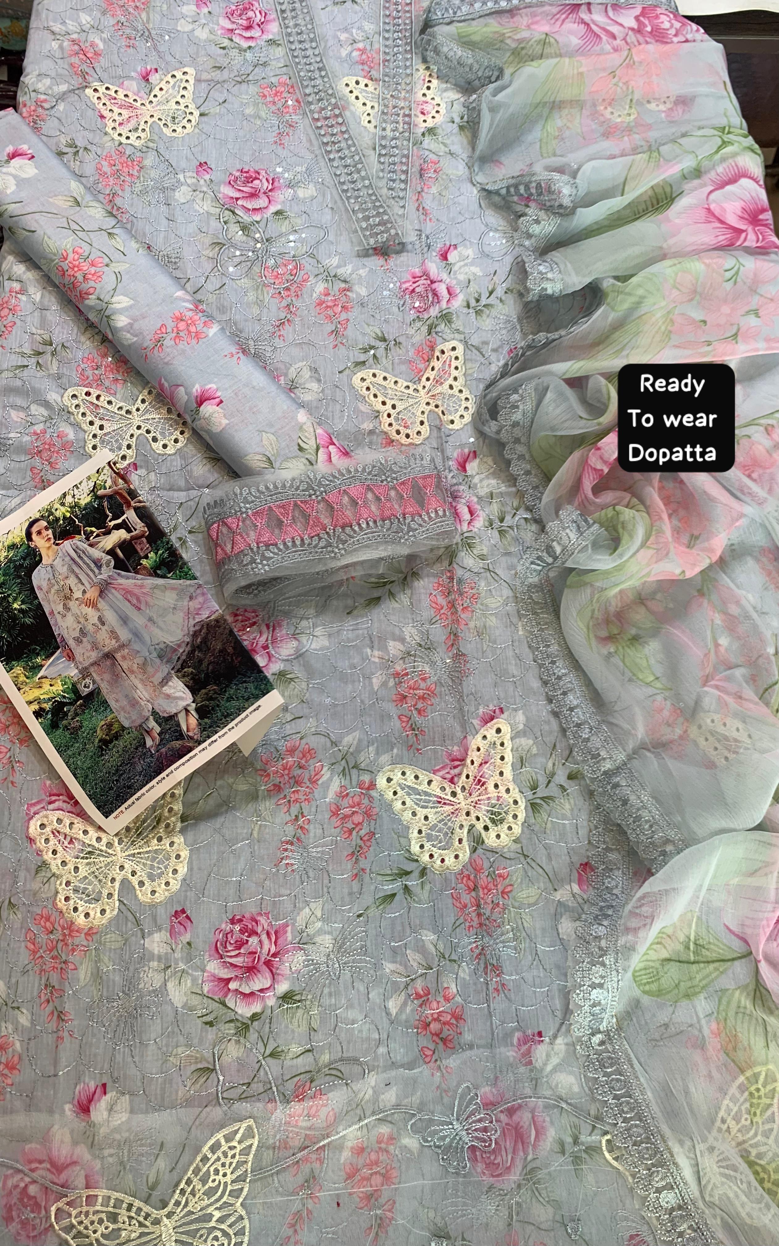Shop the Maria B luxury lawn 3-piece unstitched suit with Chicken Kari embroidered front, ready-to-wear embroidered chiffon dupatta, and premium lawn fabric. Order now from IZ Pattern and Place.