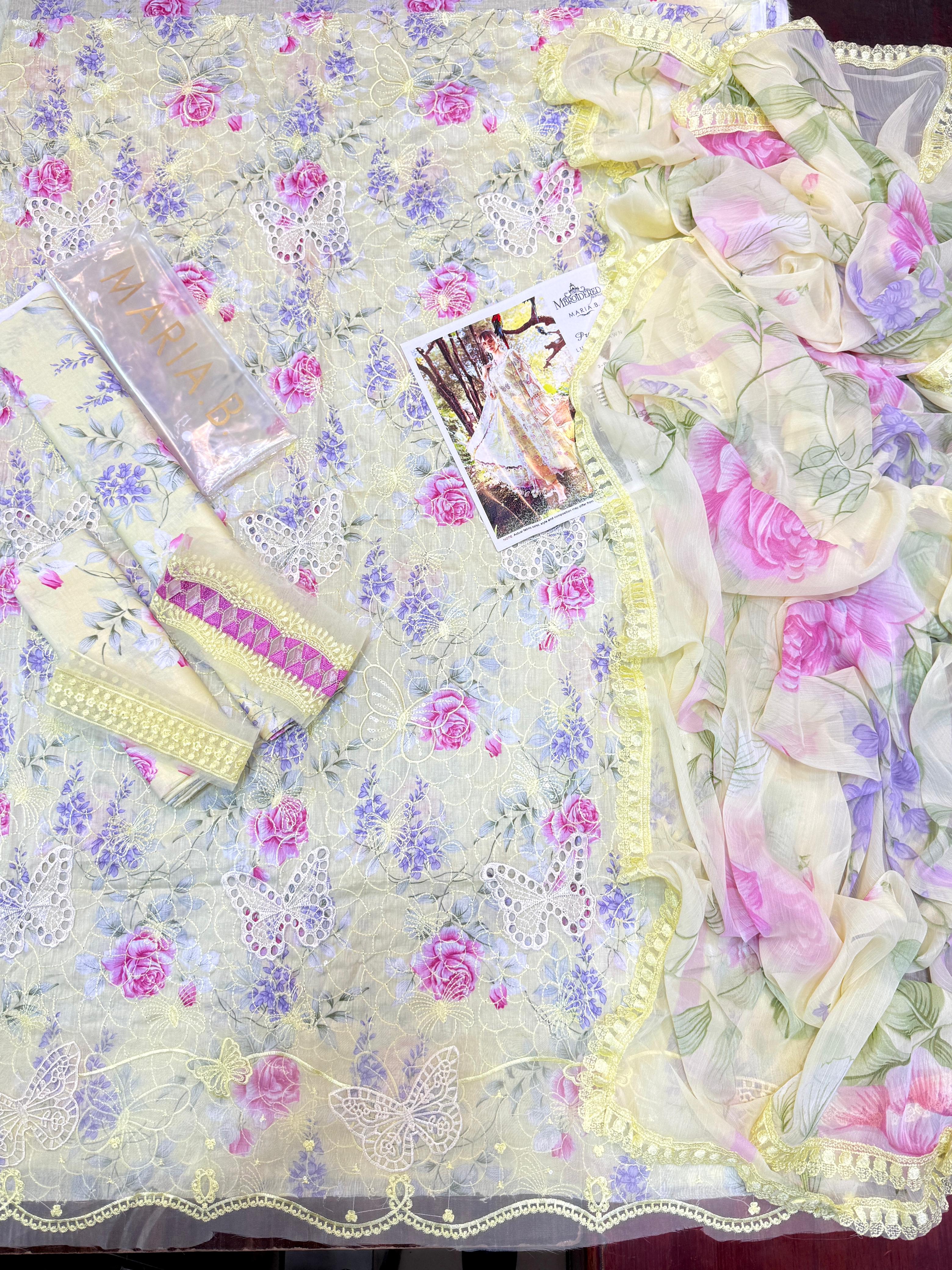 Shop the Maria B luxury lawn 3-piece unstitched suit with Chicken Kari embroidered front, ready-to-wear embroidered chiffon dupatta, and premium lawn fabric. Order now from IZ Pattern and Place.