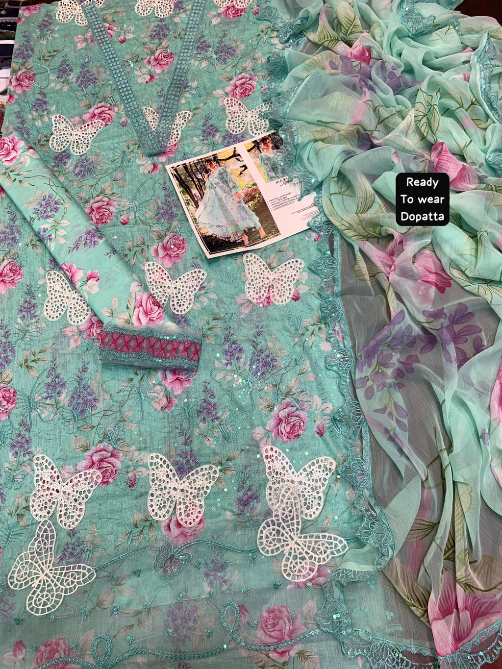 Shop the Maria B luxury lawn 3-piece unstitched suit with Chicken Kari embroidered front, ready-to-wear embroidered chiffon dupatta, and premium lawn fabric. Order now from IZ Pattern and Place.