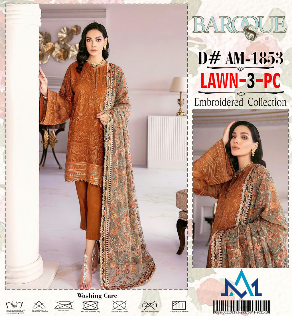 Shop the Baroque Summer Collection 2026 lawn 3-piece suit with heavy embroidery and a ready-to-wear Bamber chiffon cutwork dupatta. Order now from IZ Pattern and Place.
