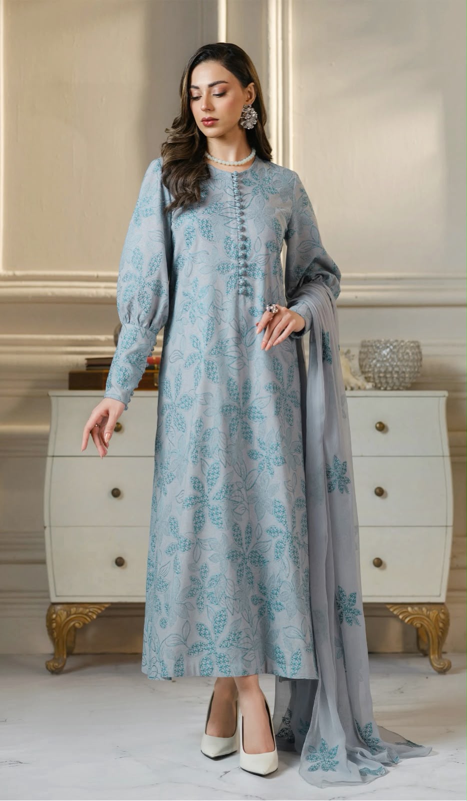 Shop the Bareeze luxury lawn 3-piece suit with embroidered front, sleeves, border, and ready-to-wear embroidered chiffon dupatta. Order now from IZ Pattern and Place.