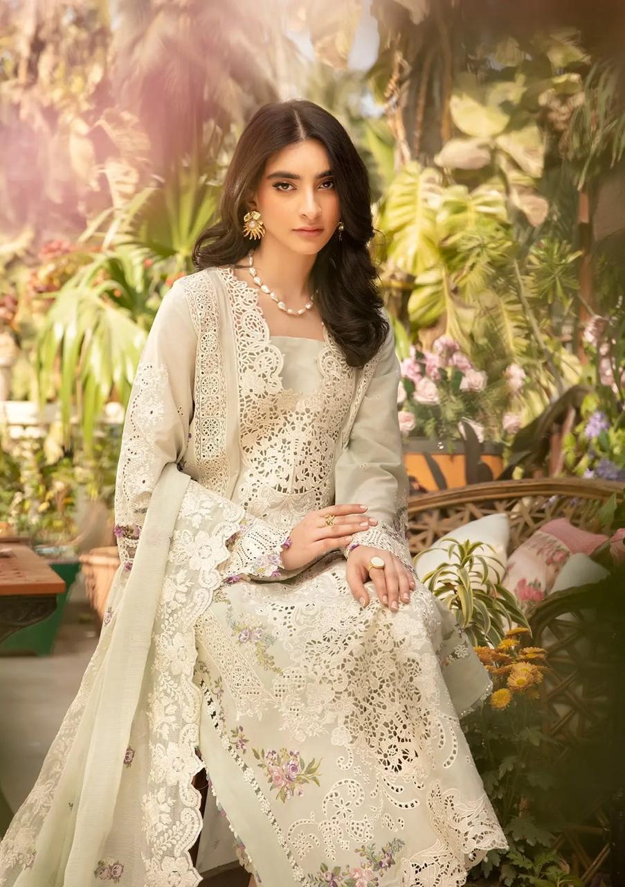 Shop the Elaf luxury lawn 3-piece suit with embroidered front, sleeves, border, embroidered trouser, and ready-to-wear embroidered chiffon dupatta. Order now from IZ Pattern and Place.