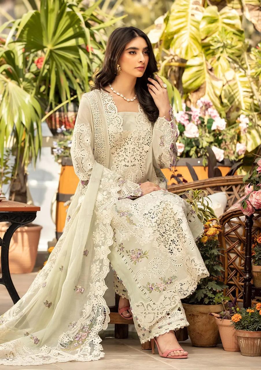Shop the Elaf luxury lawn 3-piece suit with embroidered front, sleeves, border, embroidered trouser, and ready-to-wear embroidered chiffon dupatta. Order now from IZ Pattern and Place.