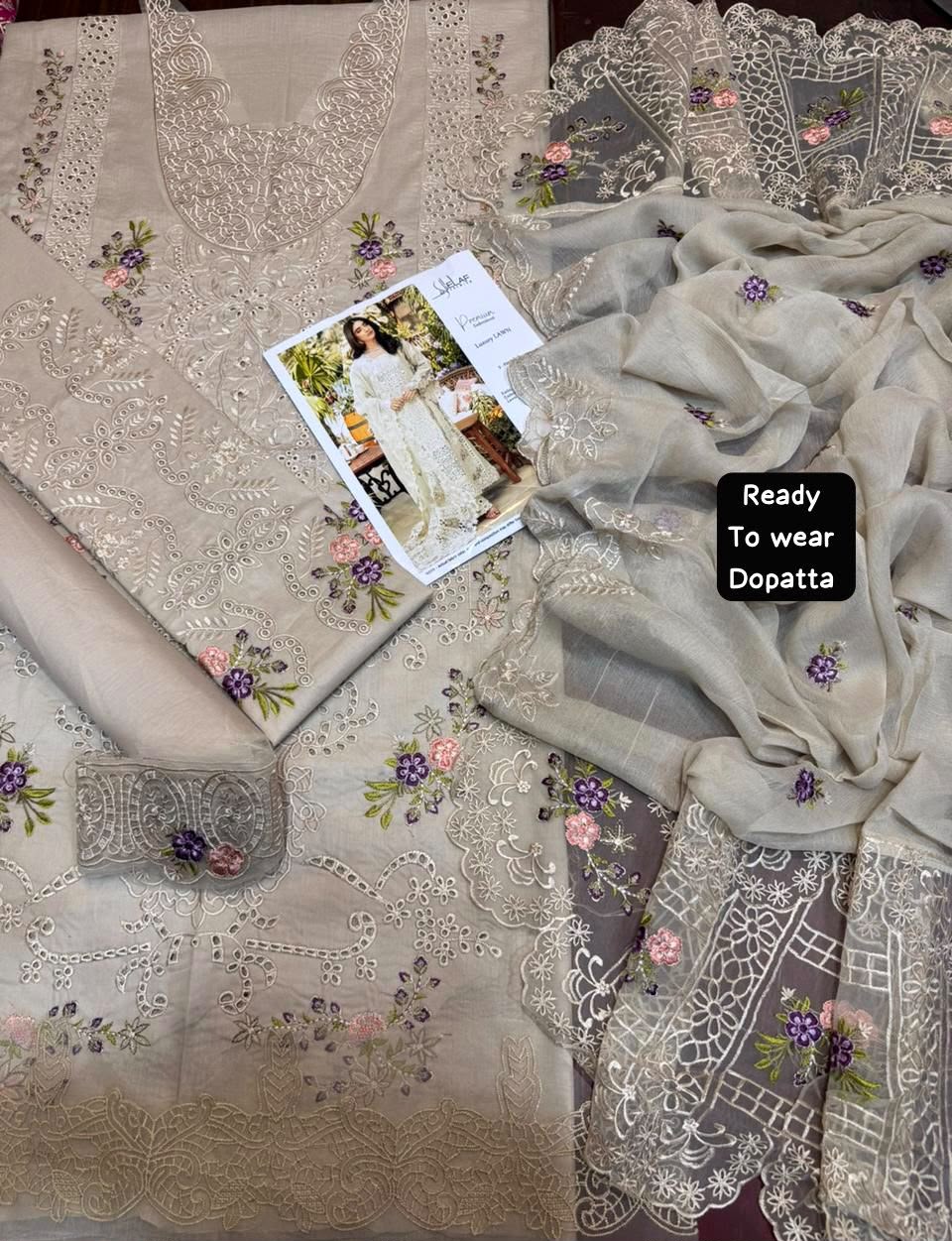 Shop the Elaf luxury lawn 3-piece suit with embroidered front, sleeves, border, embroidered trouser, and ready-to-wear embroidered chiffon dupatta. Order now from IZ Pattern and Place.