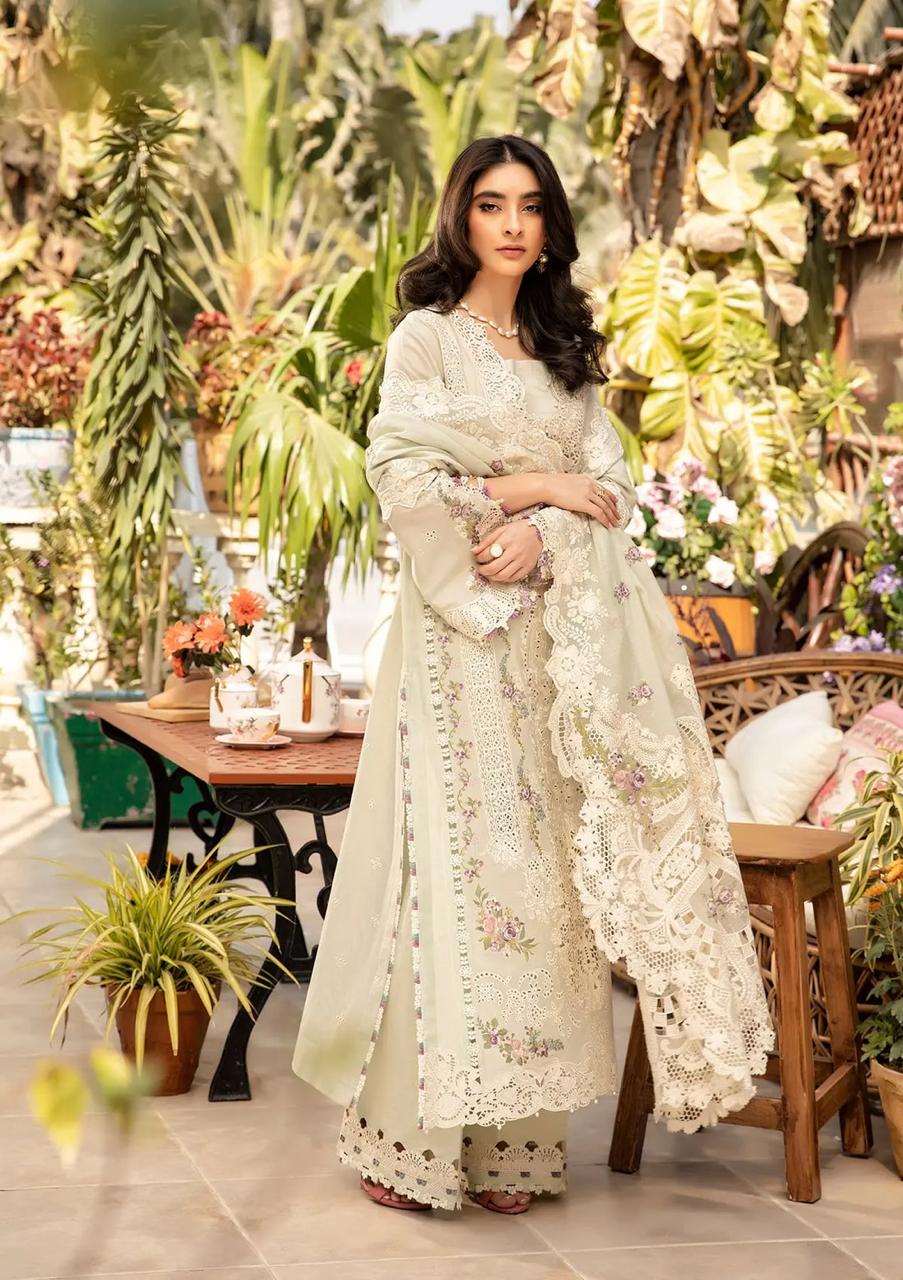Shop the Elaf luxury lawn 3-piece suit with embroidered front, sleeves, border, embroidered trouser, and ready-to-wear embroidered chiffon dupatta. Order now from IZ Pattern and Place.