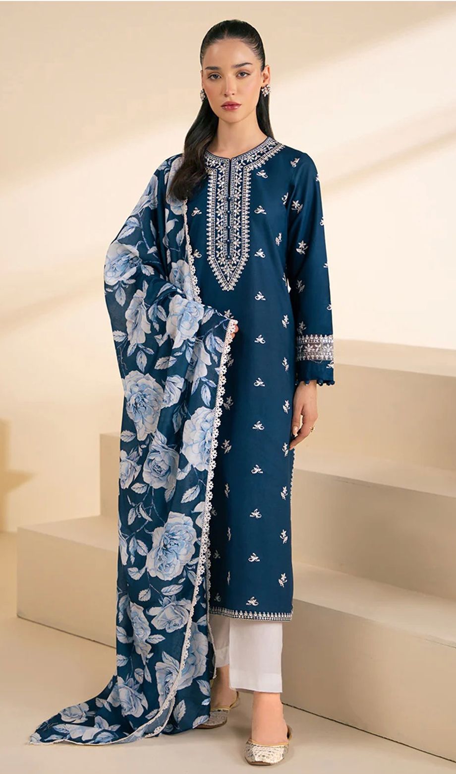 Shop the Cross Stitch luxury 90/70 lawn 3-piece suit with embroidered neck, front, sleeves, and a digital diamond print dupatta. Order now from IZ Pattern and Place.